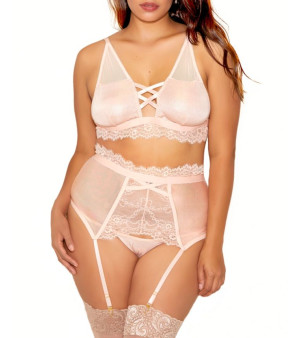 iCollection, Clair Plus Size Elegant Floral Lace Bralette, Garter, and Panty 3pc Lingerie Set