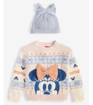 Disney, Toddler & Little Girls Minnie Mouse Intarsia Sweater & Cable-Knit Beanie, 2 Piece Set