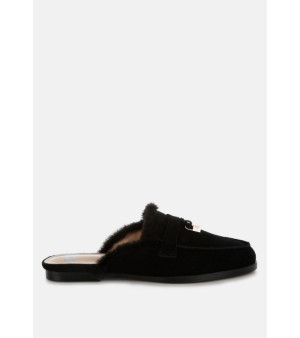 Rag & Co, Bosnia Suede & Faux Fur Slip On Mules