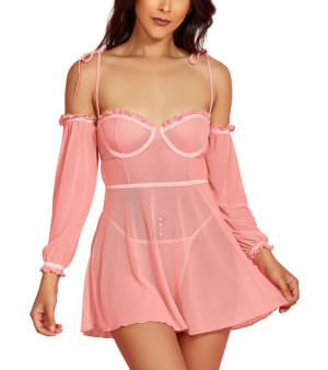 Hauty, Women’s 2PC Babydoll Lingerie Set in Sheer Soft Mesh and Attached off the Shoulder Sleeves