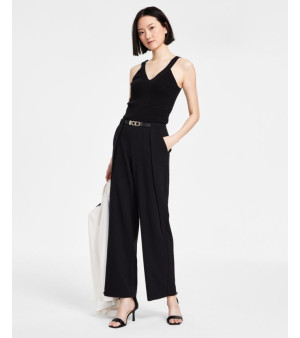 Anne Klein, Petite Belted-Waist High-Rise Pull-On Pants