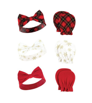 Hudson Baby, Baby Girls Hudson Cotton Headband and Scratch Mitten Set, Fancy Plaid Snowflake, 0-6 Months