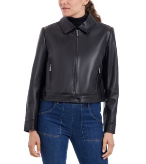 Michael Kors, Petite Zip-Front Leather Coat