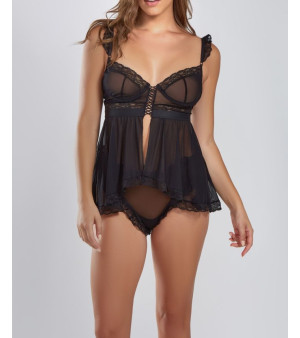 iCollection, Women's Jasmine 2 Piece Soft Cup Mesh Babydoll with Lace Trim Lingerie Set