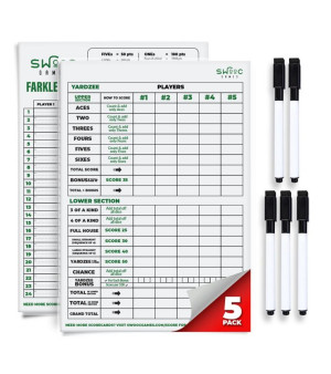 SWOOC, - 5 Big Dry Erase Yardzee & Farkle Score Cards with 5 Markers (11.5in x 8in) | Large Laminated Reusable Score Pads & Pens
