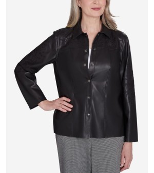 Alfred Dunner, Petite Runway Ready Floral Embroidered Faux Leather Jacket