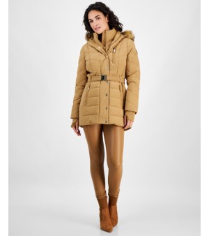 Michael Kors, Petite Belted Faux-Fur-Trim Hooded Puffer Coat