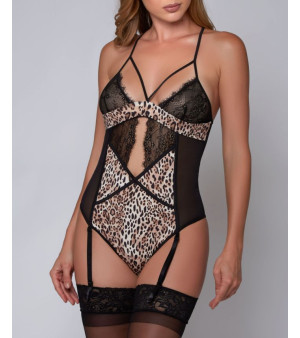 iCollection, Cleo Plus Size Leopard Print Lace Teddy in Smooth Microfiber and Mesh