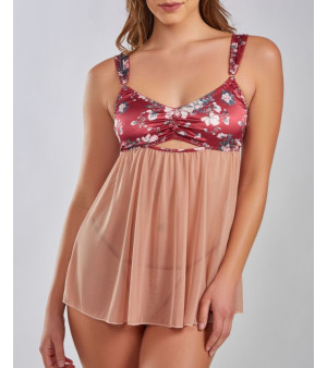 iCollection, Women's Kia Mesh and Smooth Micro Floral Soft Bra Babydoll with Matching Panty, 2 Piece