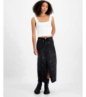 Indigo Rein, Juniors' Embroidered Denim Midi Skirt