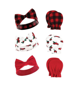 Hudson Baby, Baby Girls Hudson Cotton Headband and Scratch Mitten Set, Christmas Tree Truck, 0-6 Months