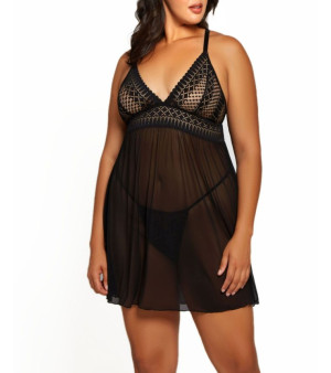 iCollection, Hazel Plus Size Lace and Mesh Babydoll 2pc Lingerie Set