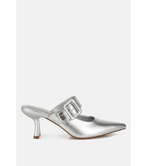 London Rag, Bismi Large Buckle Kitten Heel Mules