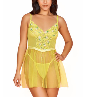 Hauty, Women’s 2 PC Organza Babydoll Lingerie Set with Floral Laced Bodice