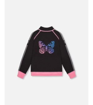 Deux par Deux, Girl Printed Reversible Full Zip Athletic Cardigan Pink, Blue And Butterflies - Toddler|Child