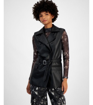 Bar III, Petite Faux-Leather Notched Collar Belted Vest